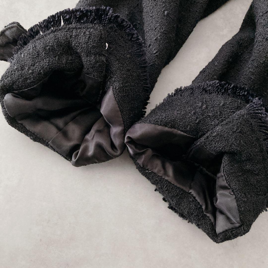 【希少】カネコイサオ　ツイードジャケット　黒　リボン　ノーカラージャケット