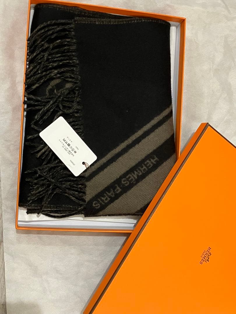 HERMES 100%カシミヤ マフラー ブラック/グレー