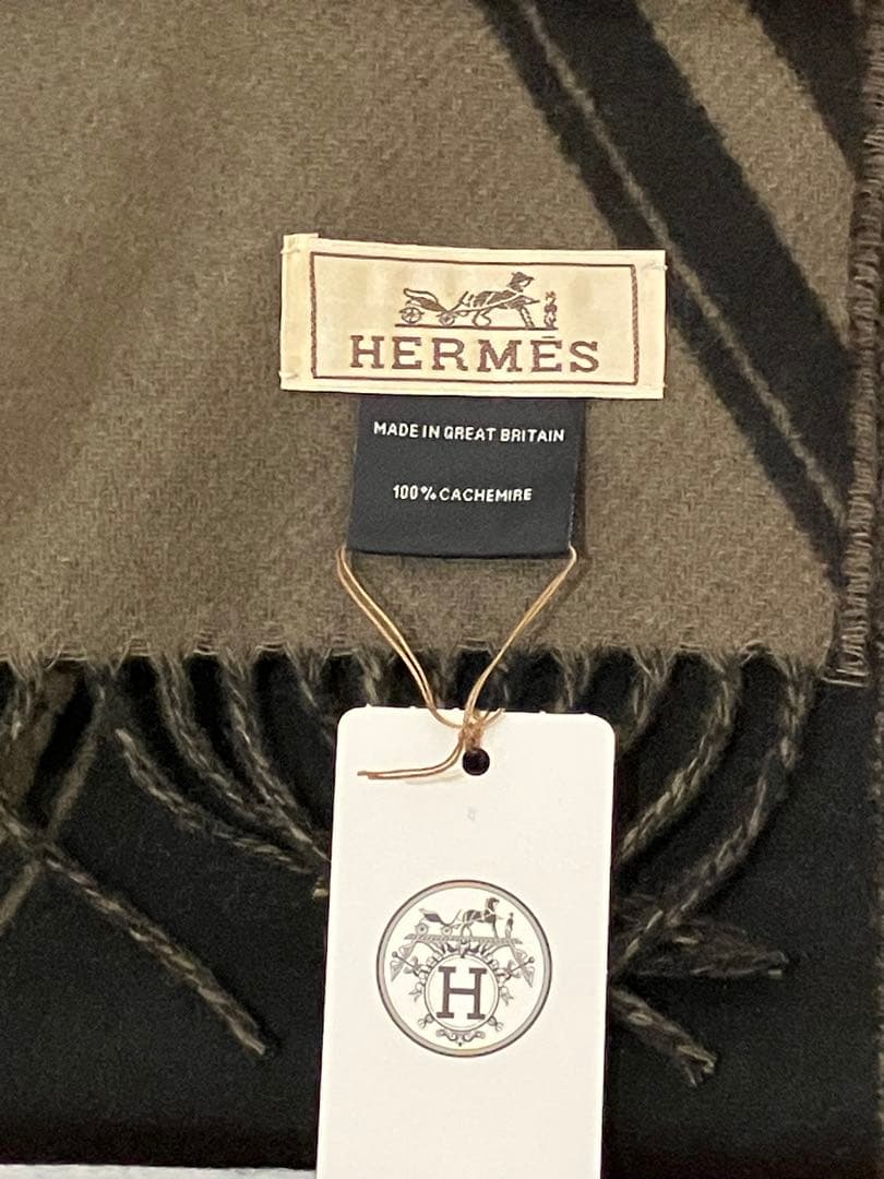 HERMES 100%カシミヤ マフラー ブラック/グレー