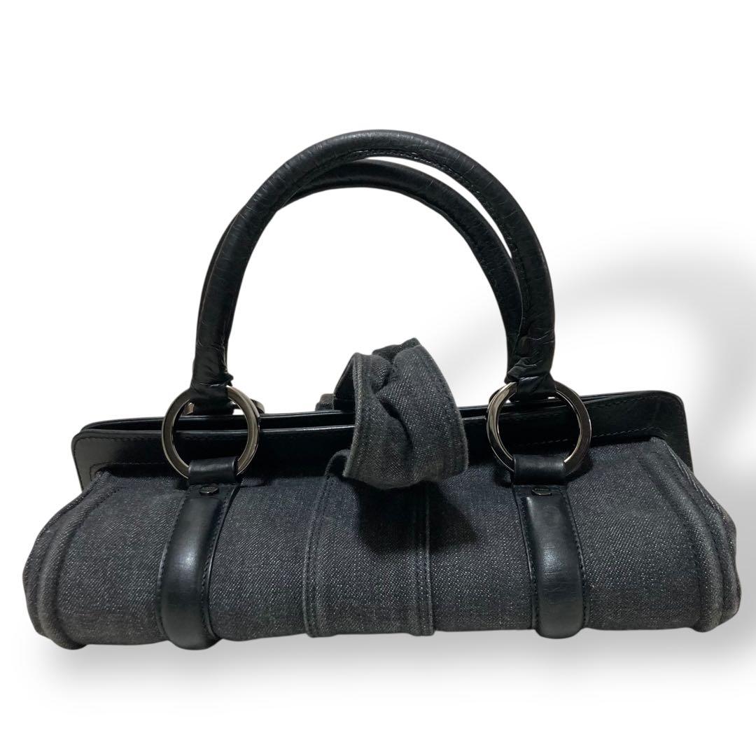 【ヴィンテージ】ジバンシー　ハンドバッグ　デニム　レザー　手提げ　グレー　黒