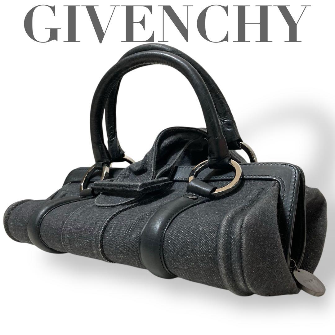 【ヴィンテージ】ジバンシー　ハンドバッグ　デニム　レザー　手提げ　グレー　黒