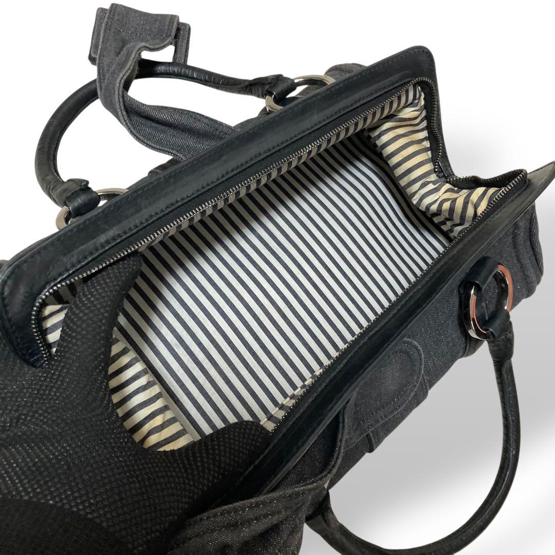 【ヴィンテージ】ジバンシー　ハンドバッグ　デニム　レザー　手提げ　グレー　黒