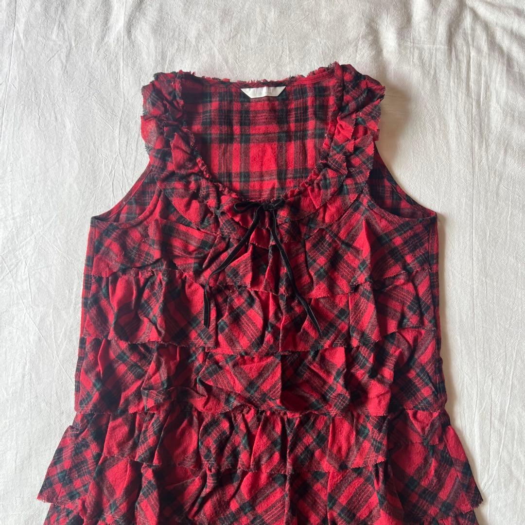 【高級】PINK HOUSE カットソー ノースリーブ チェック レッド フリル