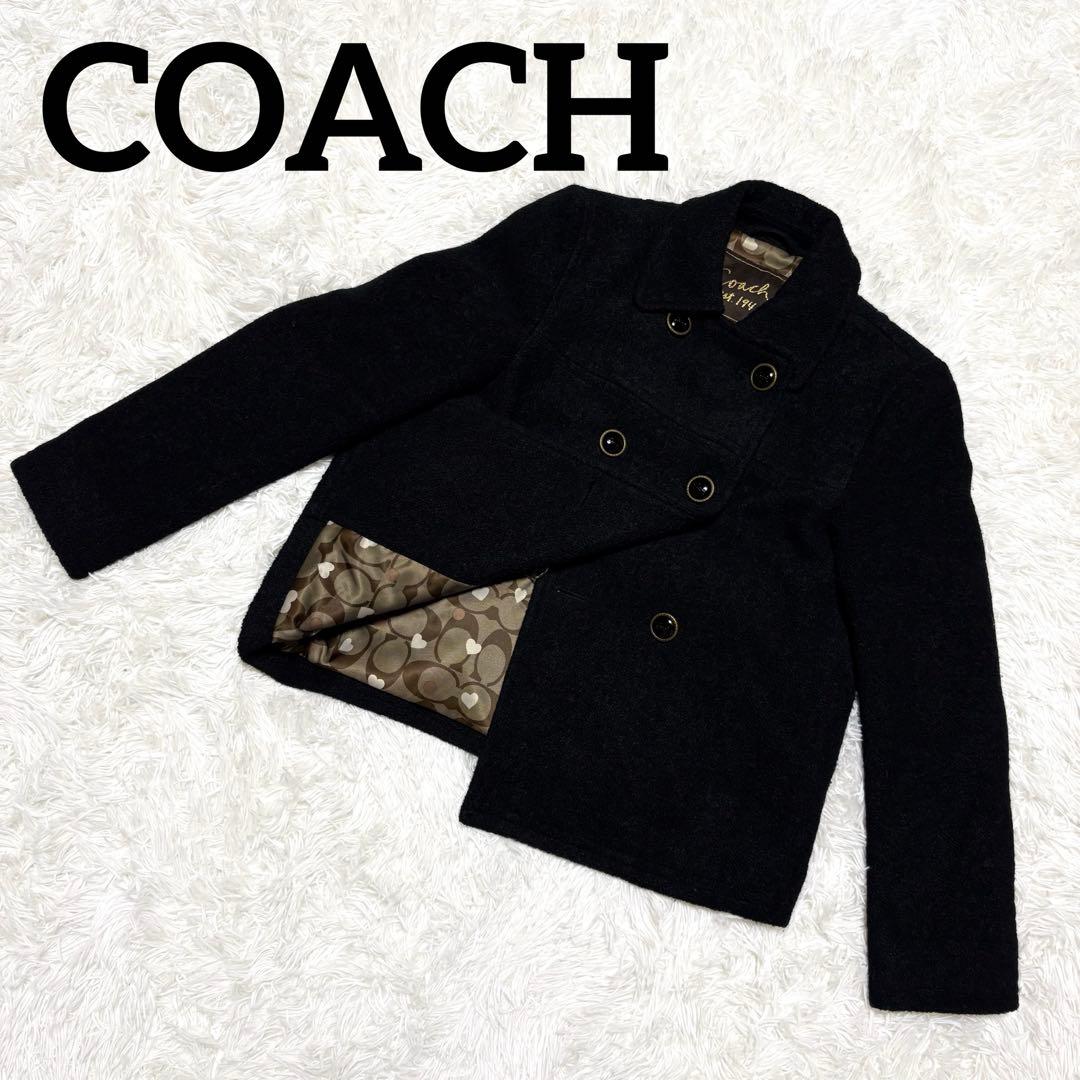 【美品】Coach Pコートシグネチャー柄 ブラック ダブルブレストジャケットS