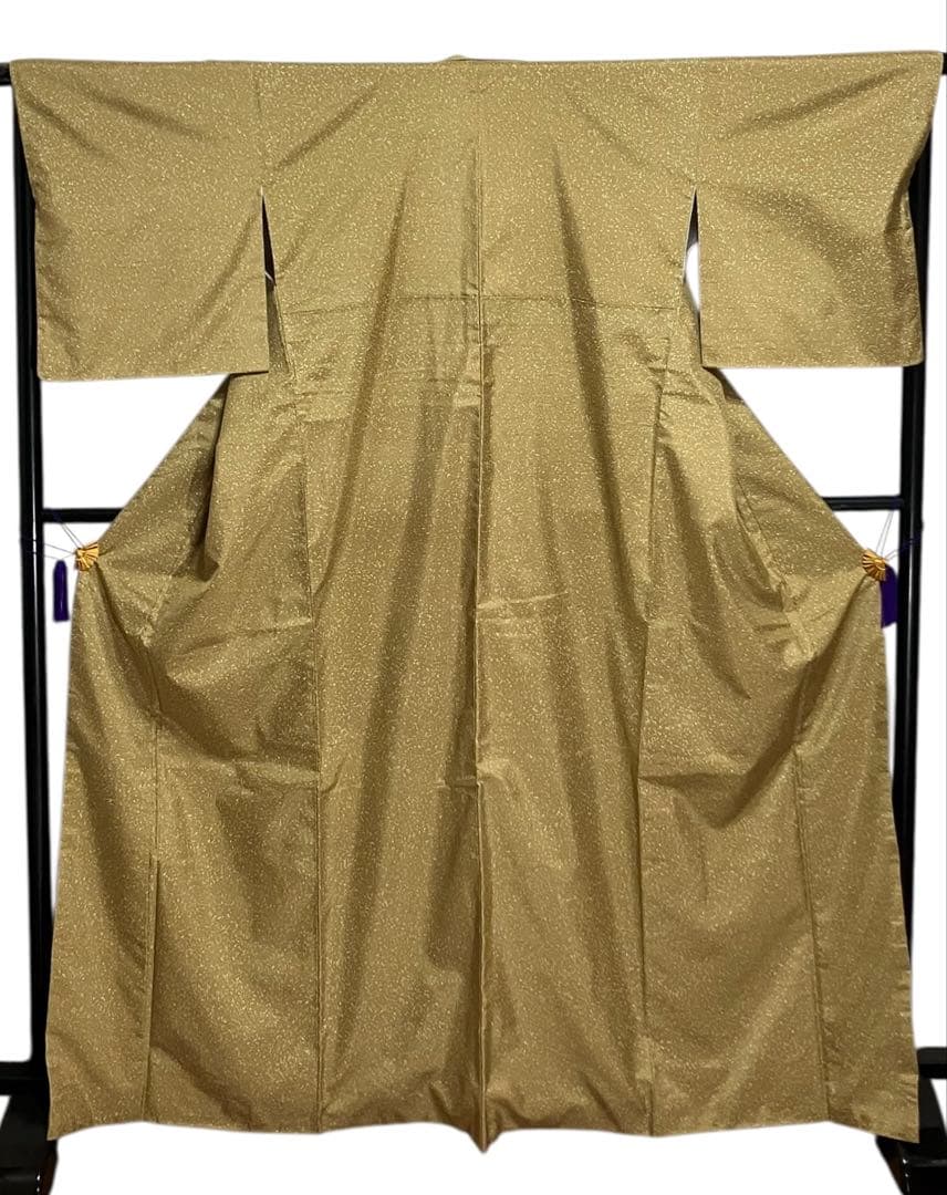 牛首紬 無地 正絹 叩き染め 共八掛 黄海松茶 美品 イ6492