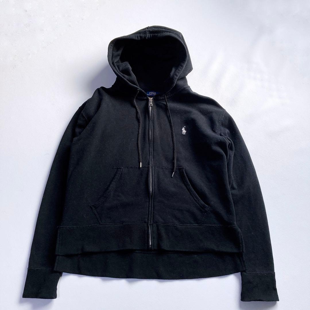 ポロラルフローレン ジップアップパーカー M ホース刺繍 裏起毛 ブラック￼ 黒