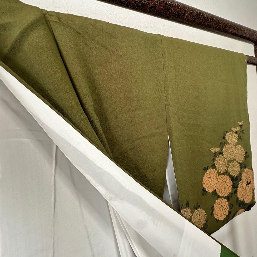 超美品　正絹　袷　着物　お召　訪問着　156 モスグリーン　緑　ヴィンテージ