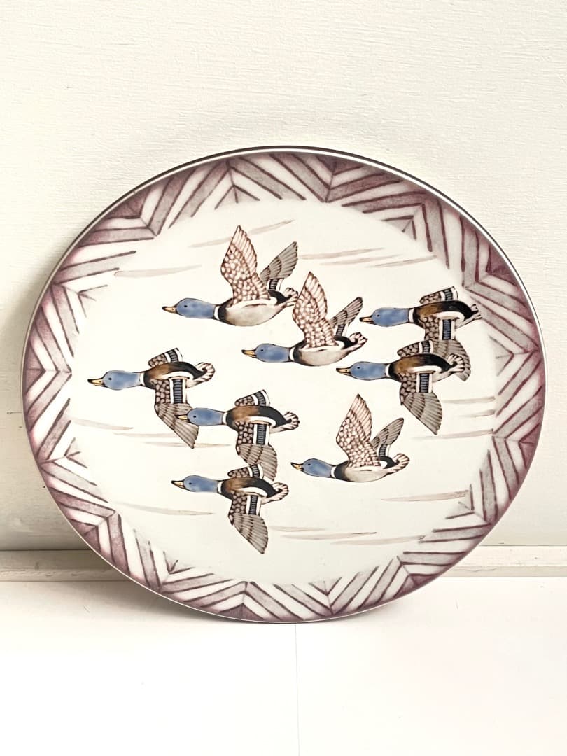 影山明志 陶板 色絵 水鳥飛翔紋 色絵 鳥紋 25.5㎝