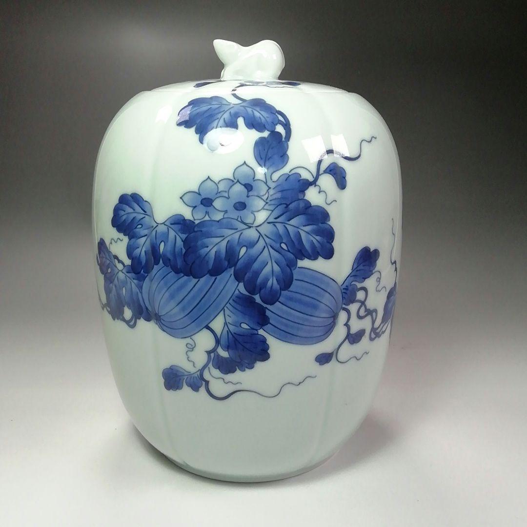 Ｓ３１４　水指　『藍鍋島』『染付瓜文』『りすつまみ』『中村公法作』　共箱　茶道具