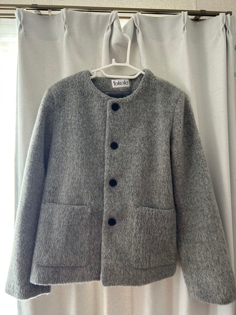 fekete fw25 ノーカラーウールシャギージャケット　S