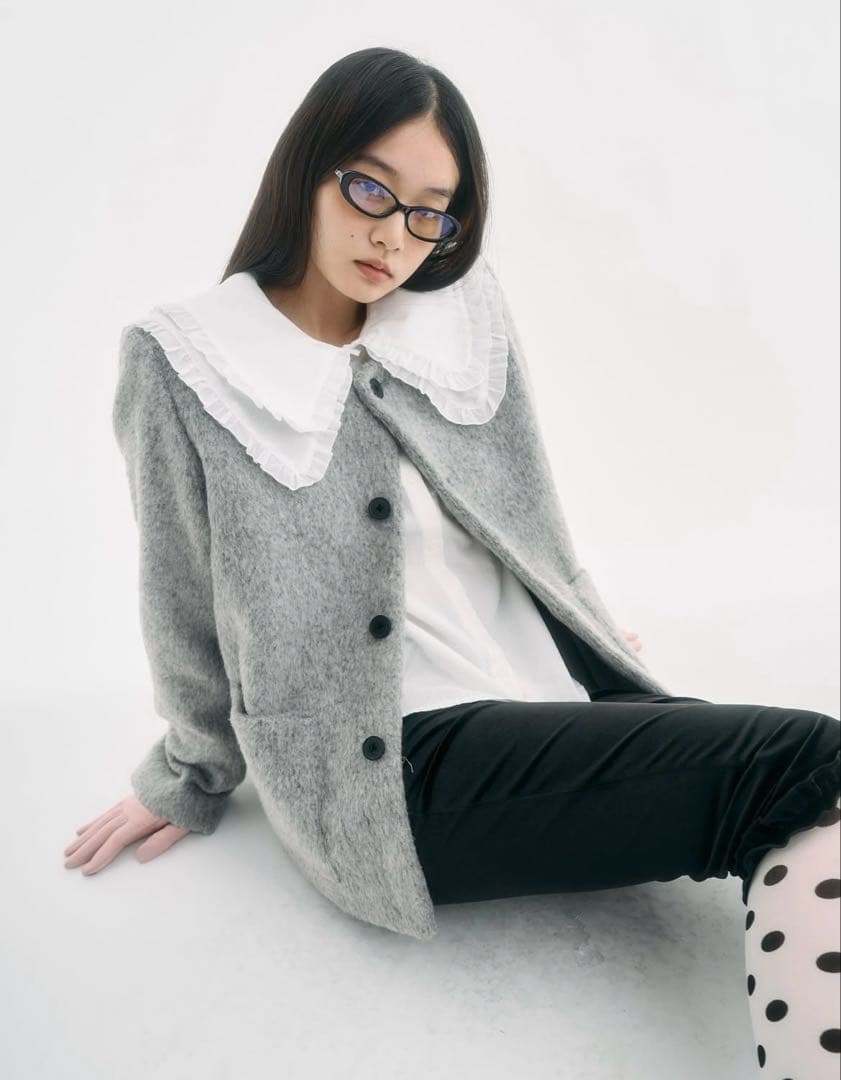 fekete fw25 ノーカラーウールシャギージャケット　S