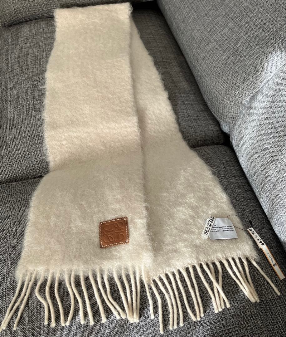 ロエベ LOEWE モヘア混 ウール マフラー フリンジ 白 オフホワイト