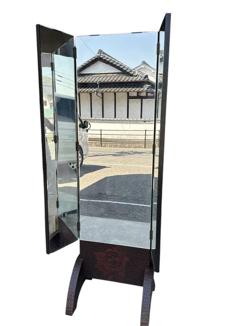鎌倉彫 三面鏡 姿見 鏡 鎌倉彫り スタンドミラー