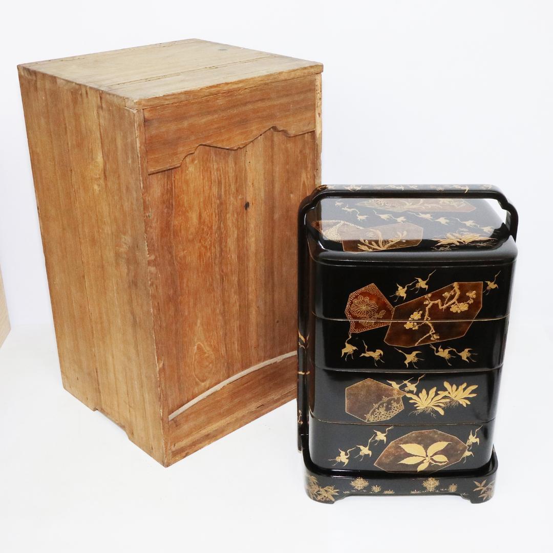 蒔絵 金彩 漆器 重箱 4段 梨地 岡持ち 木製 木箱付き