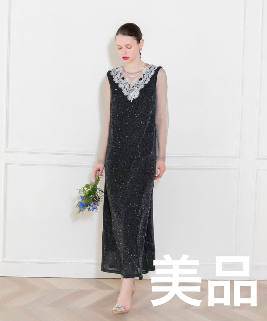 【LEJA】レースネック透け袖スリットキラキラロングドレスワンピースパーティー