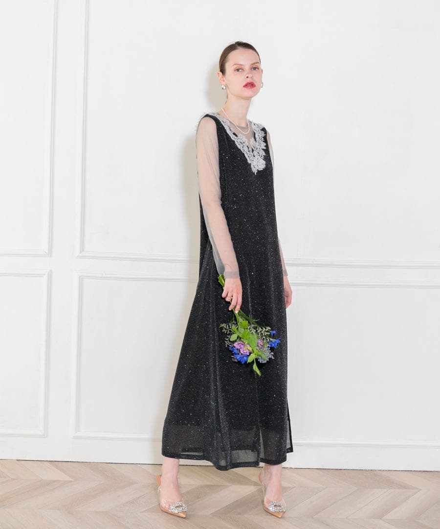 【LEJA】レースネック透け袖スリットキラキラロングドレスワンピースパーティー