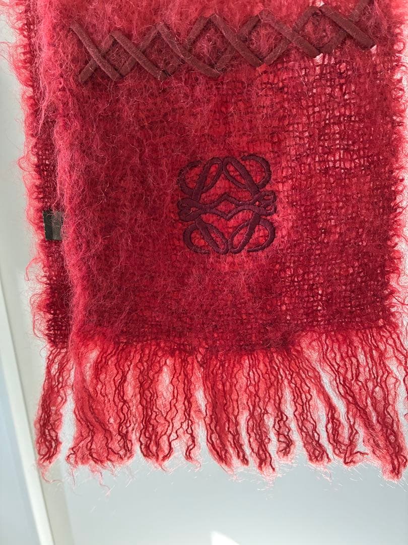 LOEWE アナグラム刺繍 モヘヤ フリンジマフラー　朱色