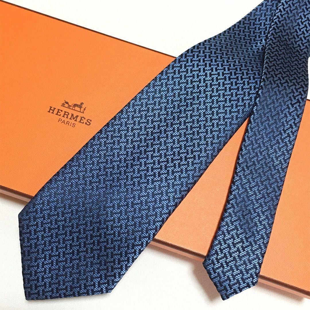 未使用級 H織りタイ ファソネH柄 エルメス HERMES ネクタイ ネイビー