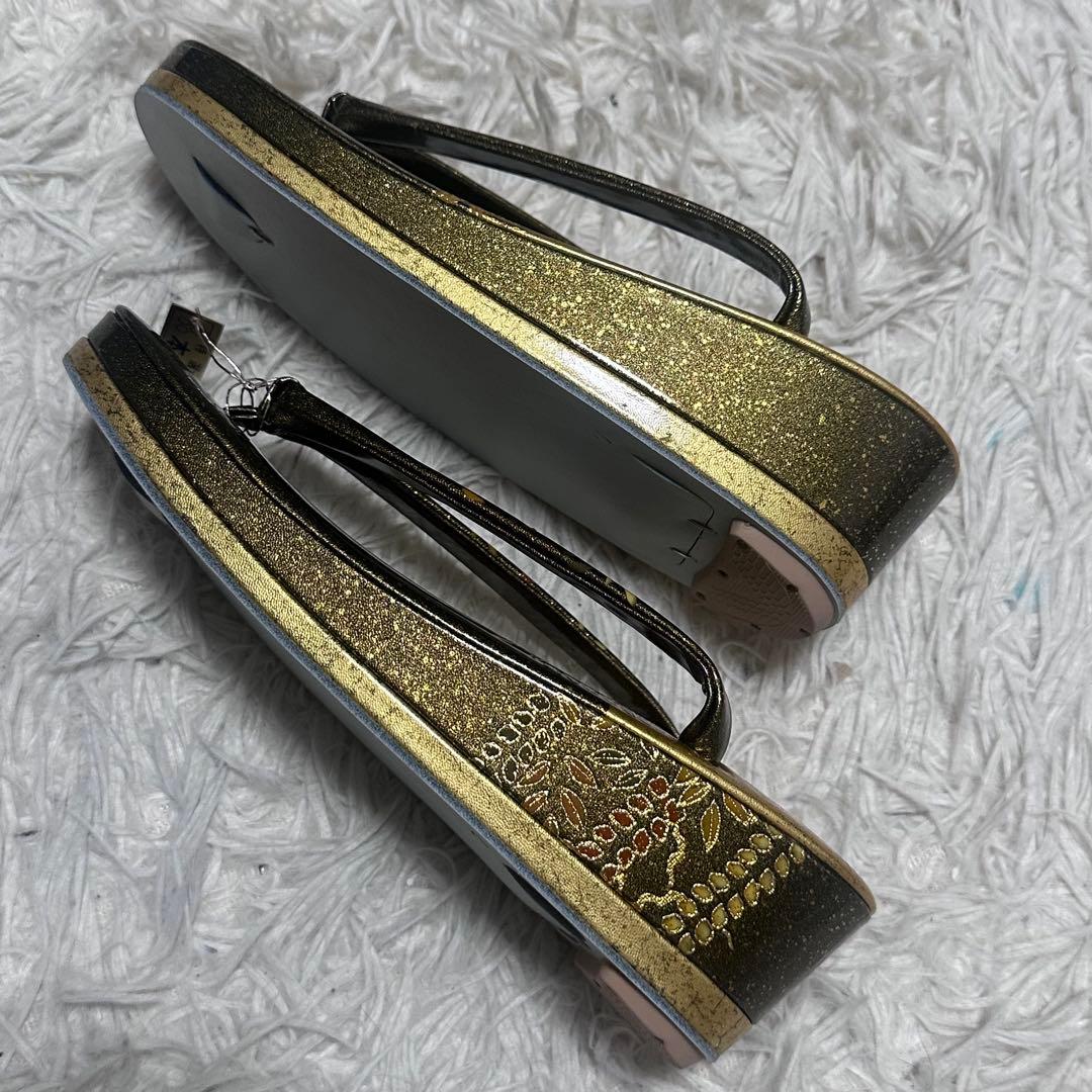 新品未使用　本革エナメル 草履バッグセット 金×深緑 手描き 和装　和服　成人式