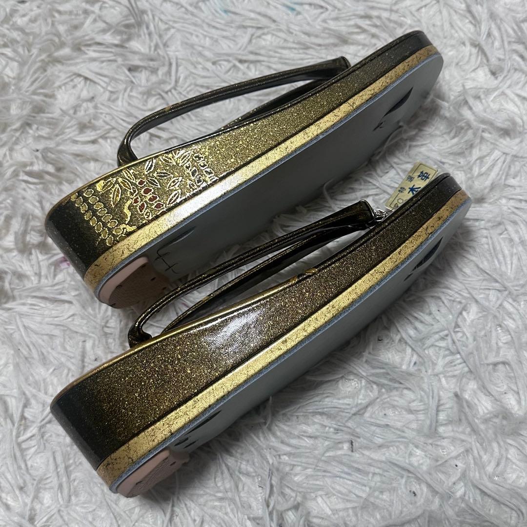 新品未使用　本革エナメル 草履バッグセット 金×深緑 手描き 和装　和服　成人式