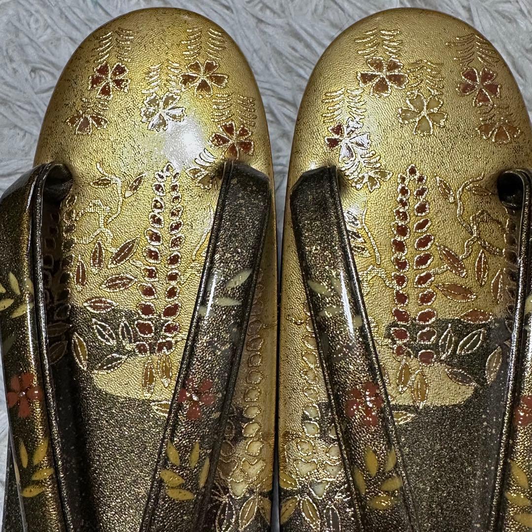 新品未使用　本革エナメル 草履バッグセット 金×深緑 手描き 和装　和服　成人式