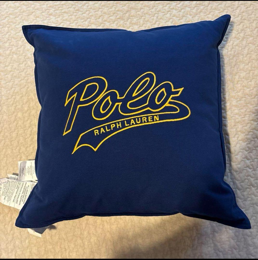 ①未使用 ラルフローレン スクリプト クッション カバー ネイビーイエロータグ付