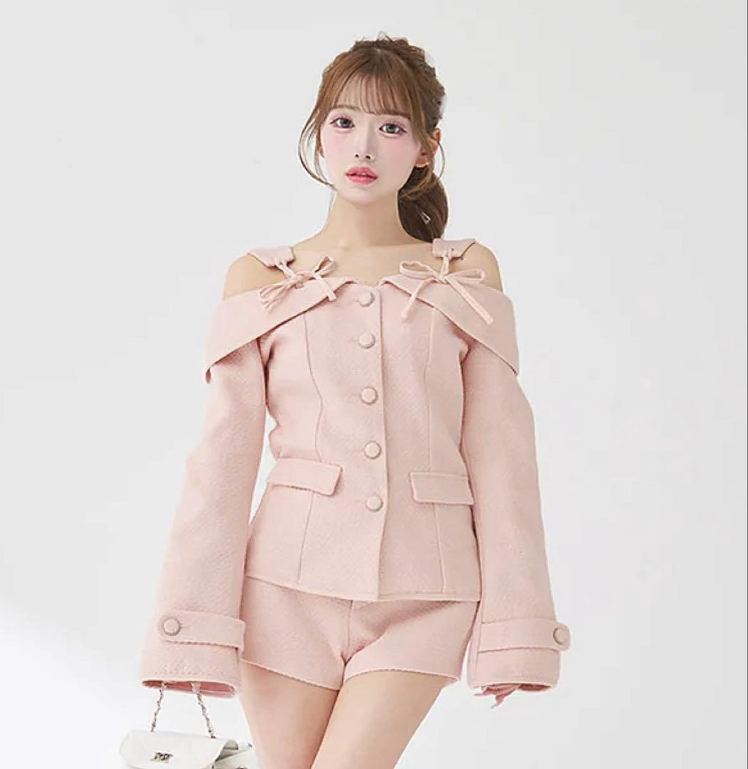 Darich ダーリッチ　ボンディングツイードオフショルチュニック　ピンク