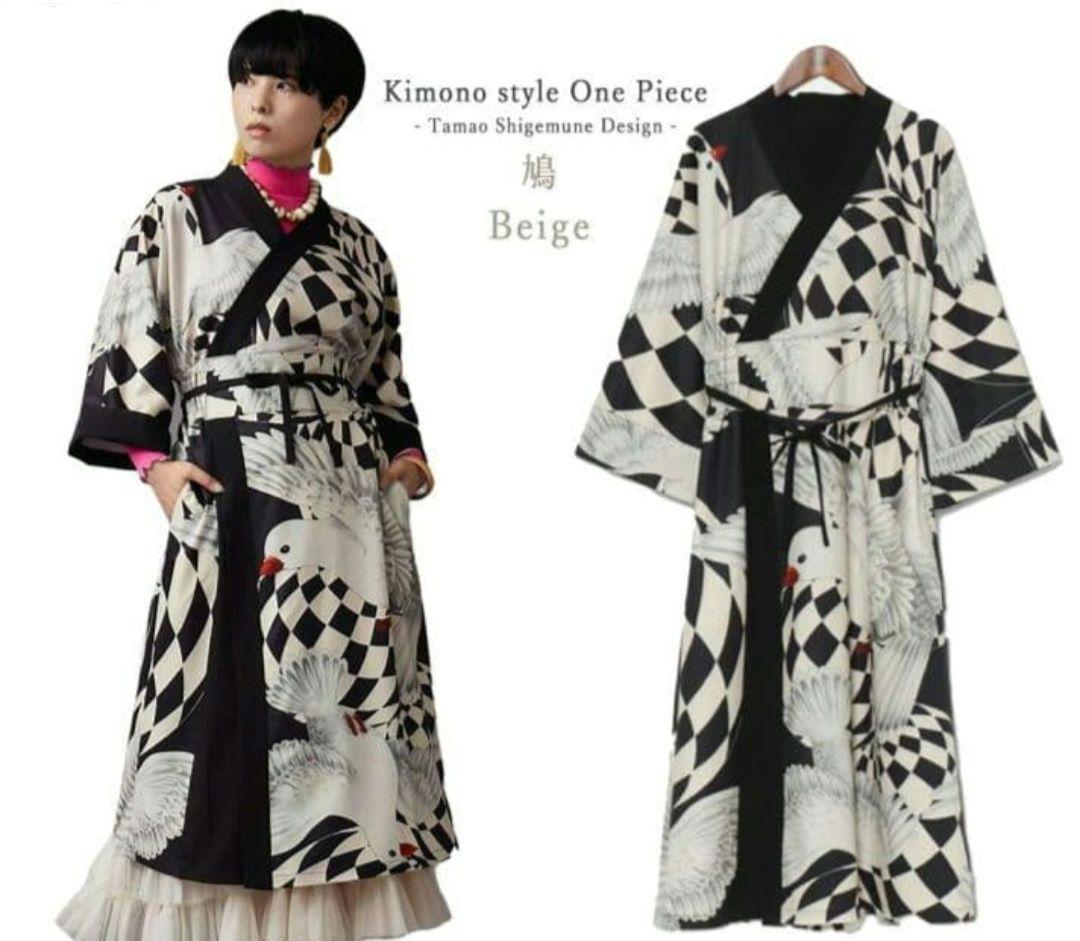 重宗玉緒 コラボ ワンピース 着物 鳩 冬 和装 和服 カジュアル 現代和装　袷
