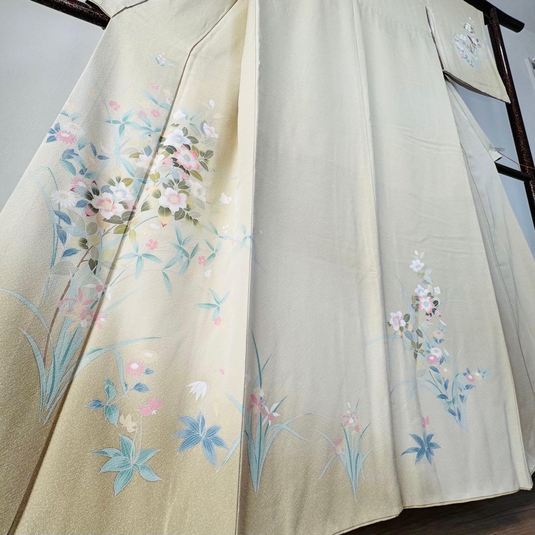 超美品　正絹　袷　訪問着　着物　着丈161　裄66　クリーム　黄緑　水色　ピンク