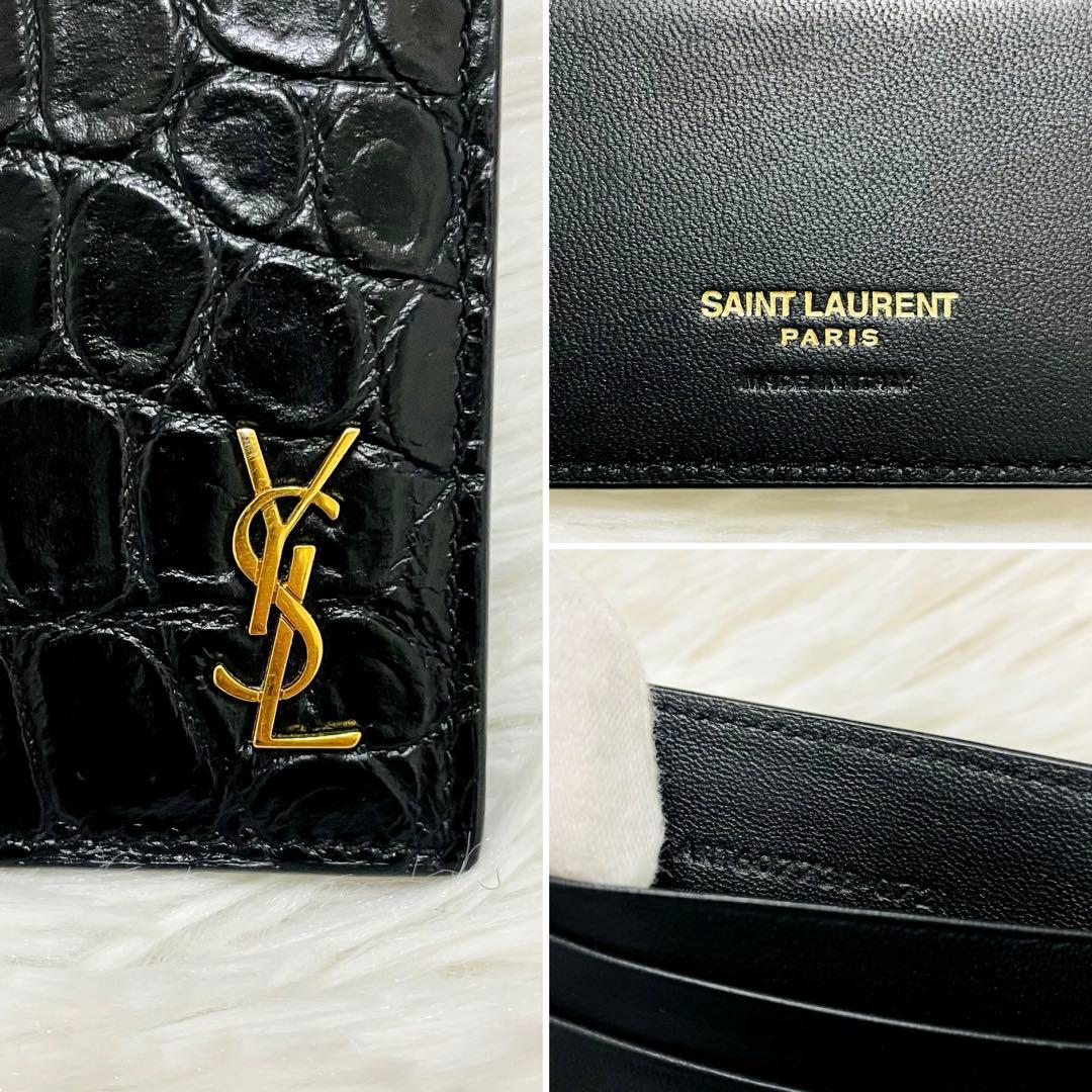 極美✨付属完備✨サンローラン マネークリップ レザー ロゴ金具 クロコ ブラック