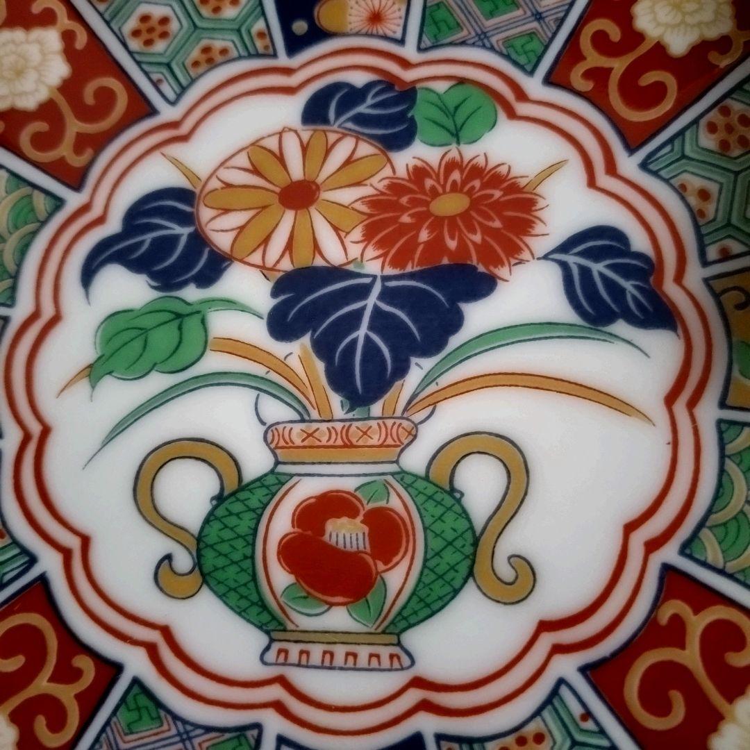未使用品　有田焼　陶扇　銘々皿揃　中皿5枚　菊割皿　錦絵　赤絵　金彩　古伊万里