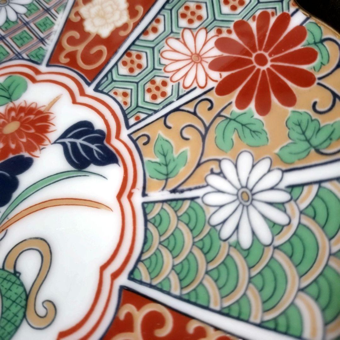 未使用品　有田焼　陶扇　銘々皿揃　中皿5枚　菊割皿　錦絵　赤絵　金彩　古伊万里