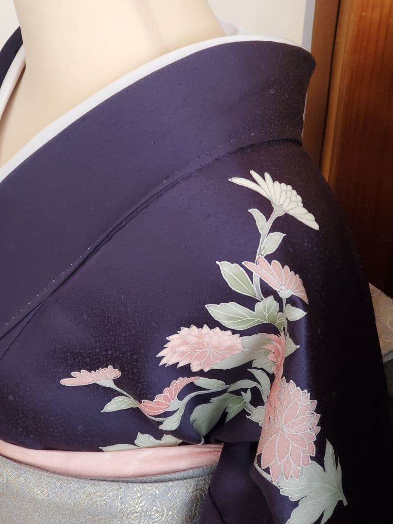 【美品＊着物帯セット】お花の訪問着　濃紺　帝王紫の袋帯　正絹　本日特価☆　裄67