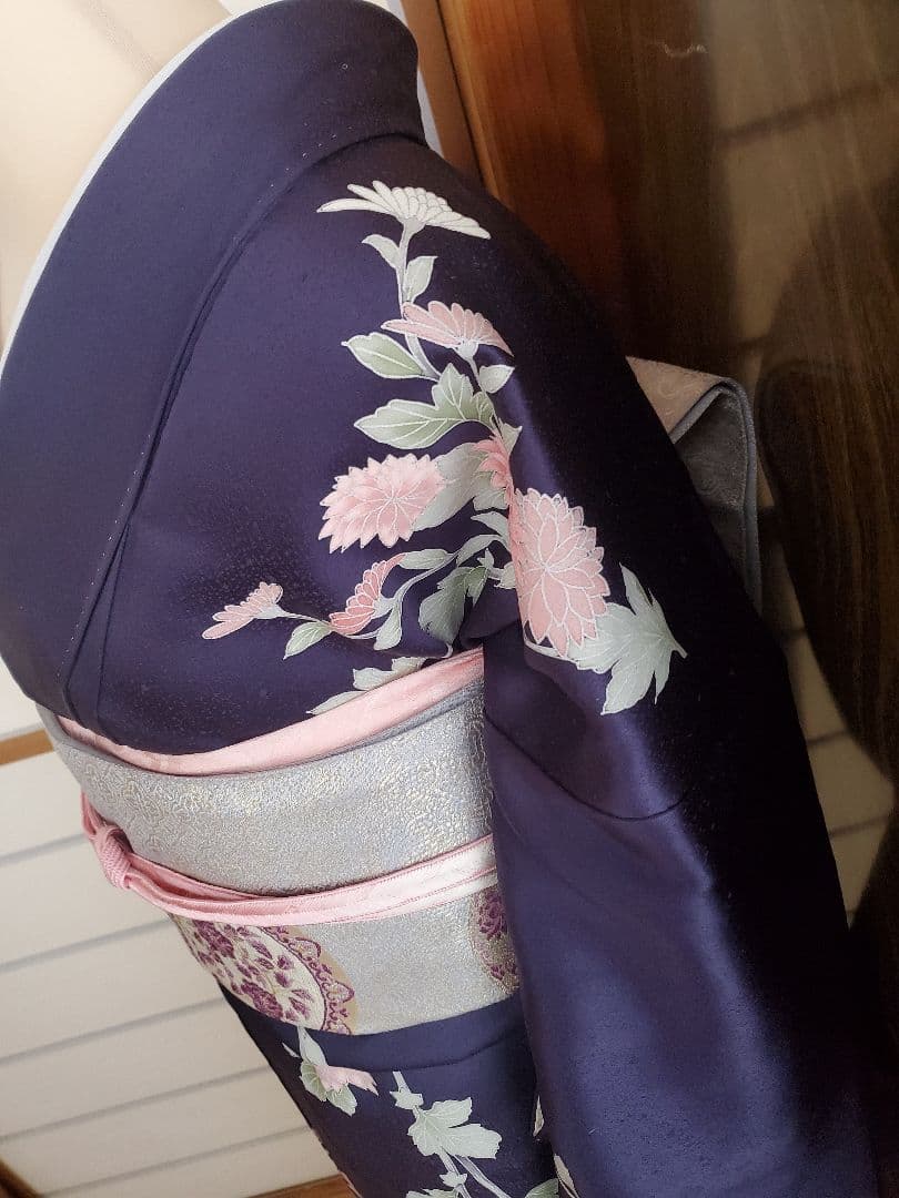 【美品＊着物帯セット】お花の訪問着　濃紺　帝王紫の袋帯　正絹　本日特価☆　裄67