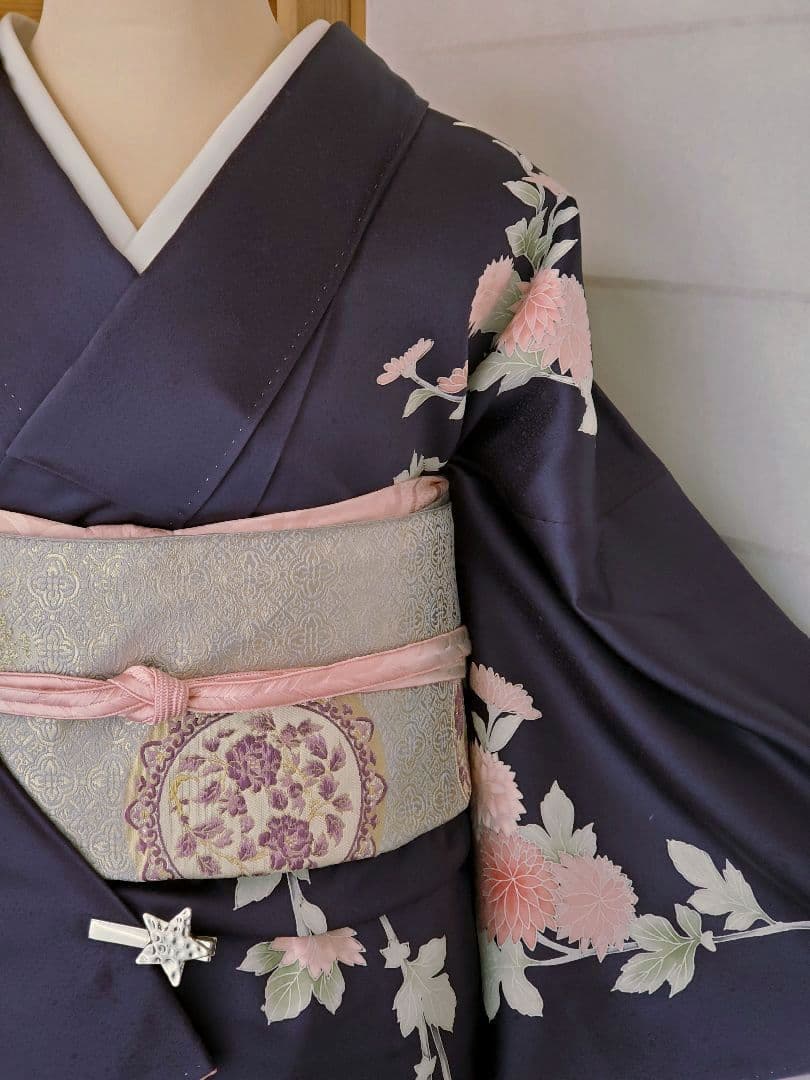 【美品＊着物帯セット】お花の訪問着　濃紺　帝王紫の袋帯　正絹　本日特価☆　裄67
