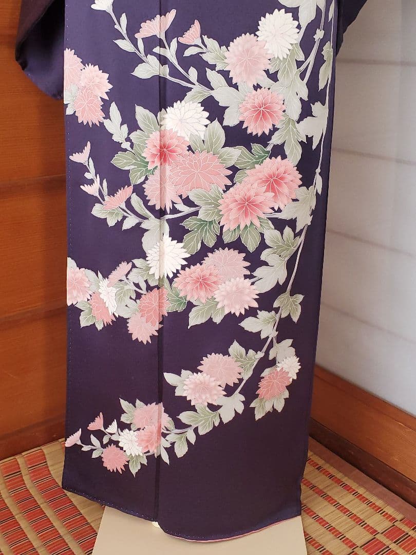 【美品＊着物帯セット】お花の訪問着　濃紺　帝王紫の袋帯　正絹　本日特価☆　裄67