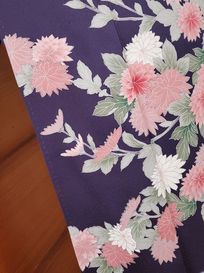 【美品＊着物帯セット】お花の訪問着　濃紺　帝王紫の袋帯　正絹　本日特価☆　裄67