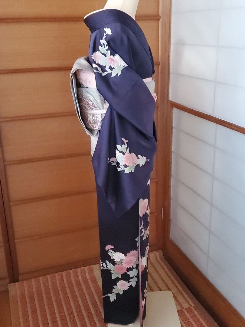 【美品＊着物帯セット】お花の訪問着　濃紺　帝王紫の袋帯　正絹　本日特価☆　裄67