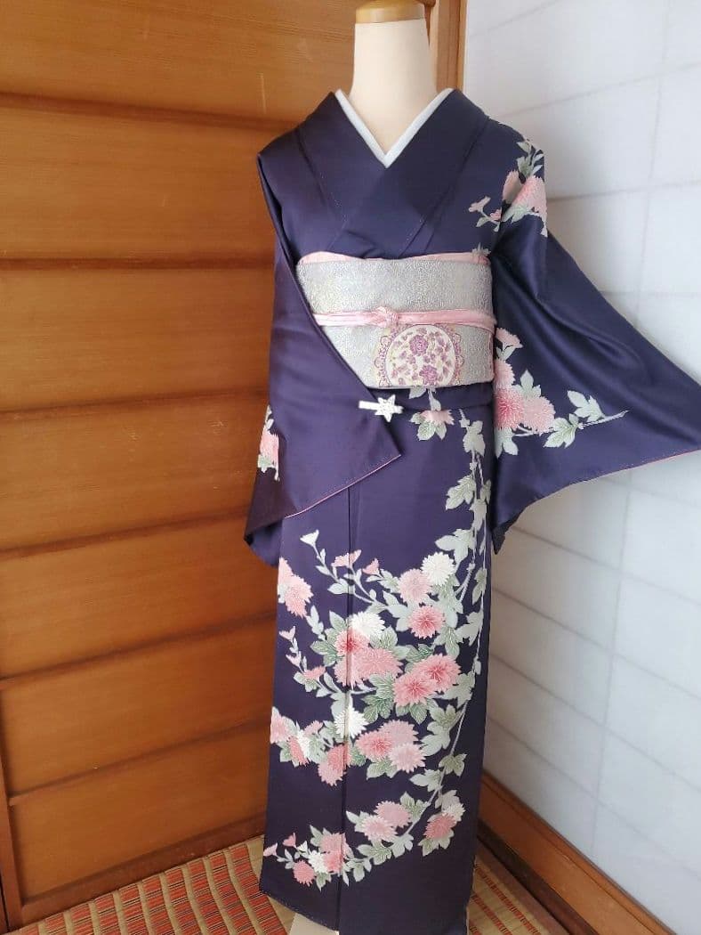 【美品＊着物帯セット】お花の訪問着　濃紺　帝王紫の袋帯　正絹　本日特価☆　裄67