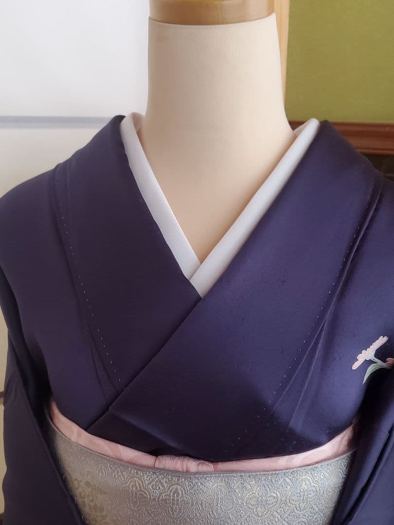 【美品＊着物帯セット】お花の訪問着　濃紺　帝王紫の袋帯　正絹　本日特価☆　裄67