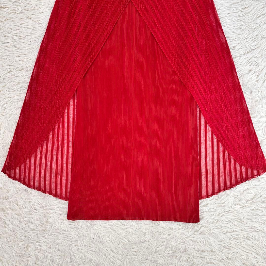 未使用級 ベルチューベリー プリーツ ドレス ロングワンピース 赤 フラワー装飾