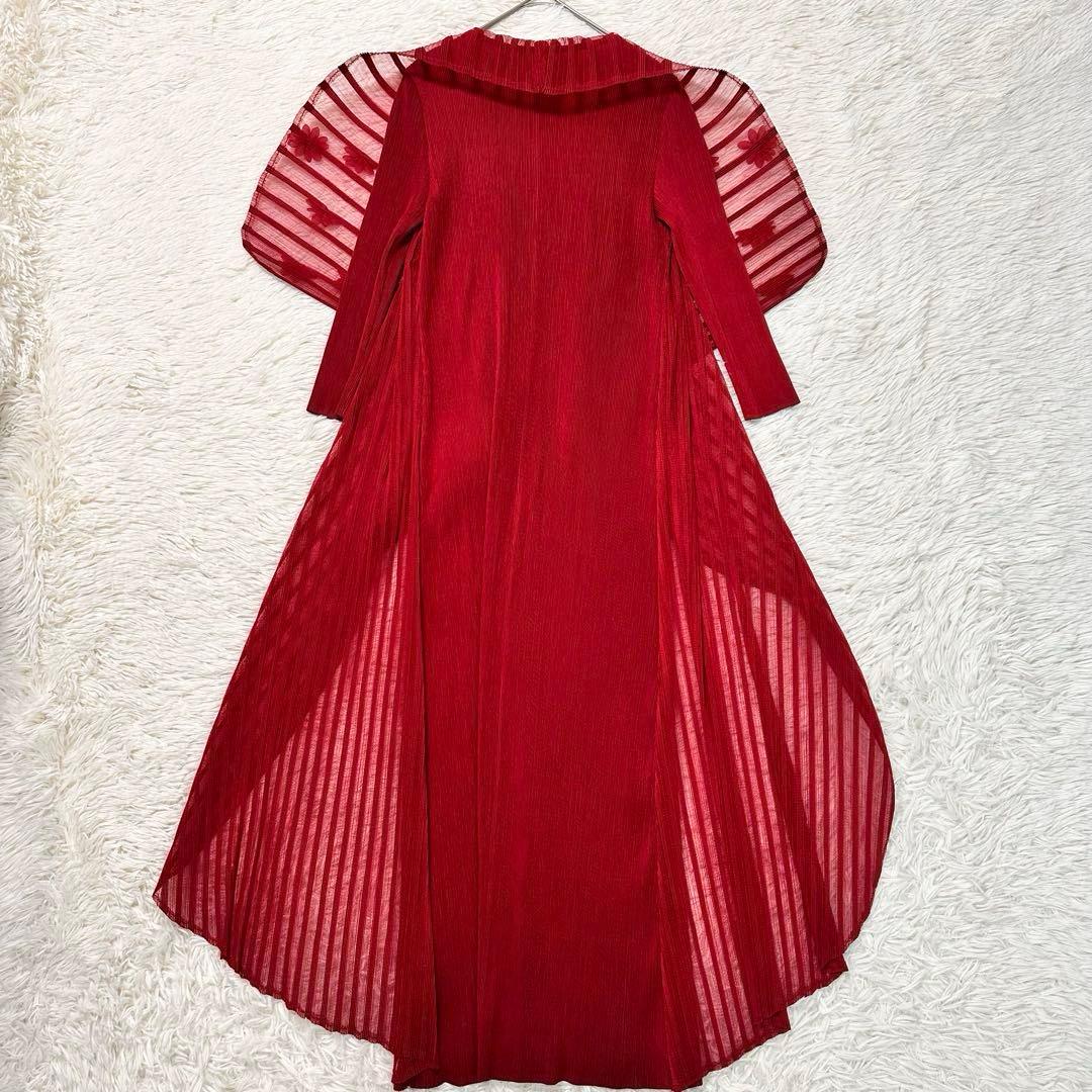 未使用級 ベルチューベリー プリーツ ドレス ロングワンピース 赤 フラワー装飾