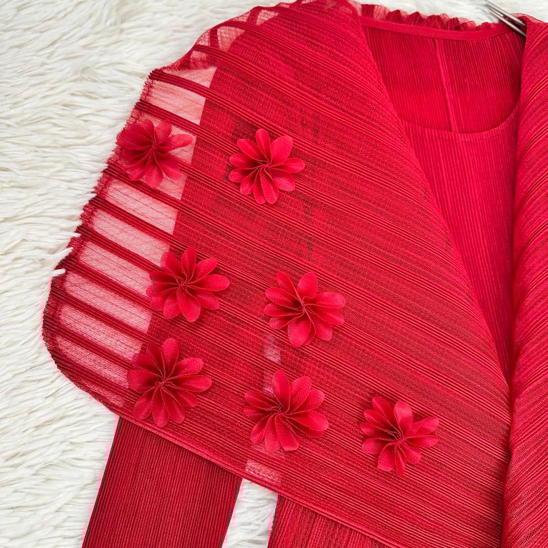 未使用級 ベルチューベリー プリーツ ドレス ロングワンピース 赤 フラワー装飾