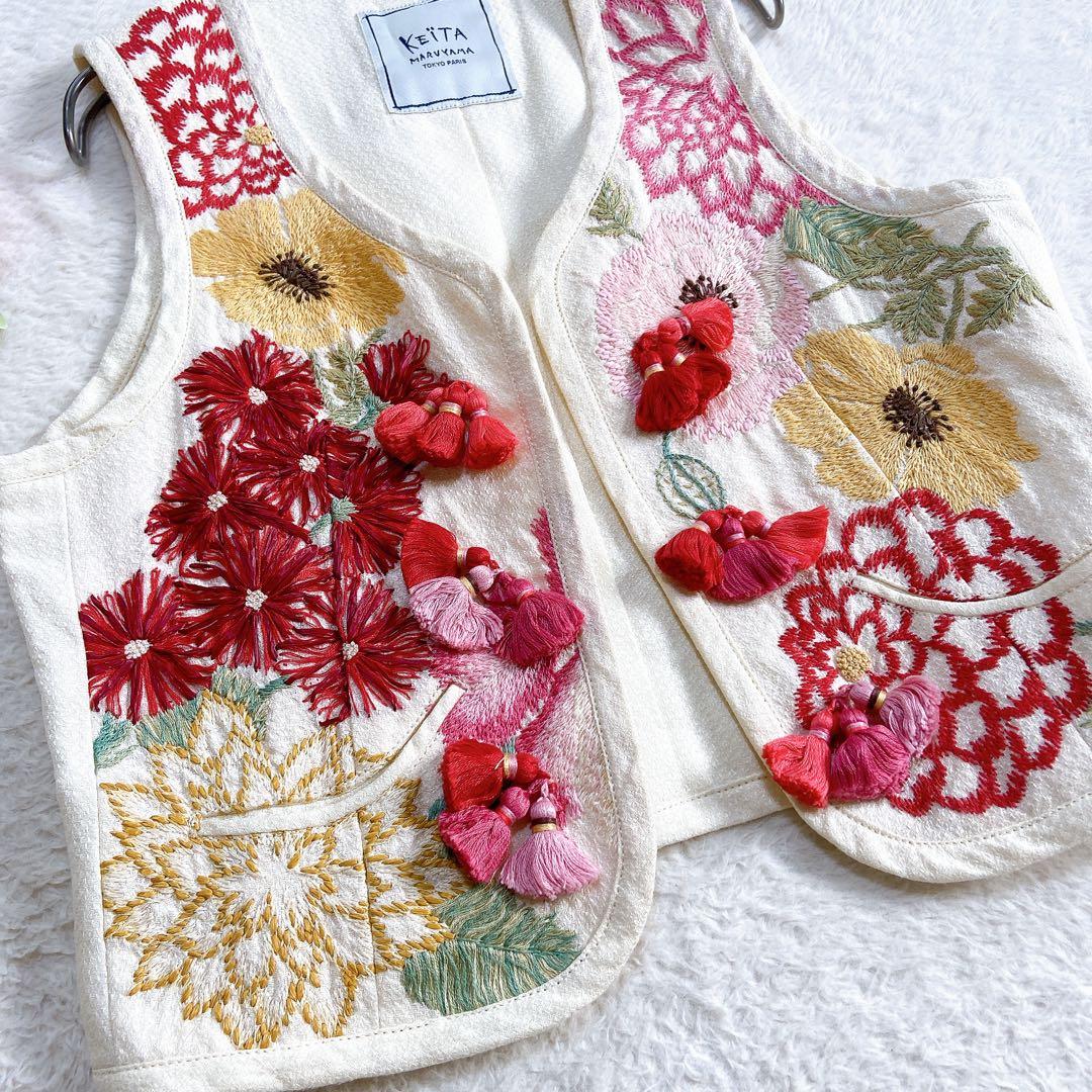【希少】 ケイタマルヤマ リネン100% ベスト 刺繍 花柄 フリンジ
