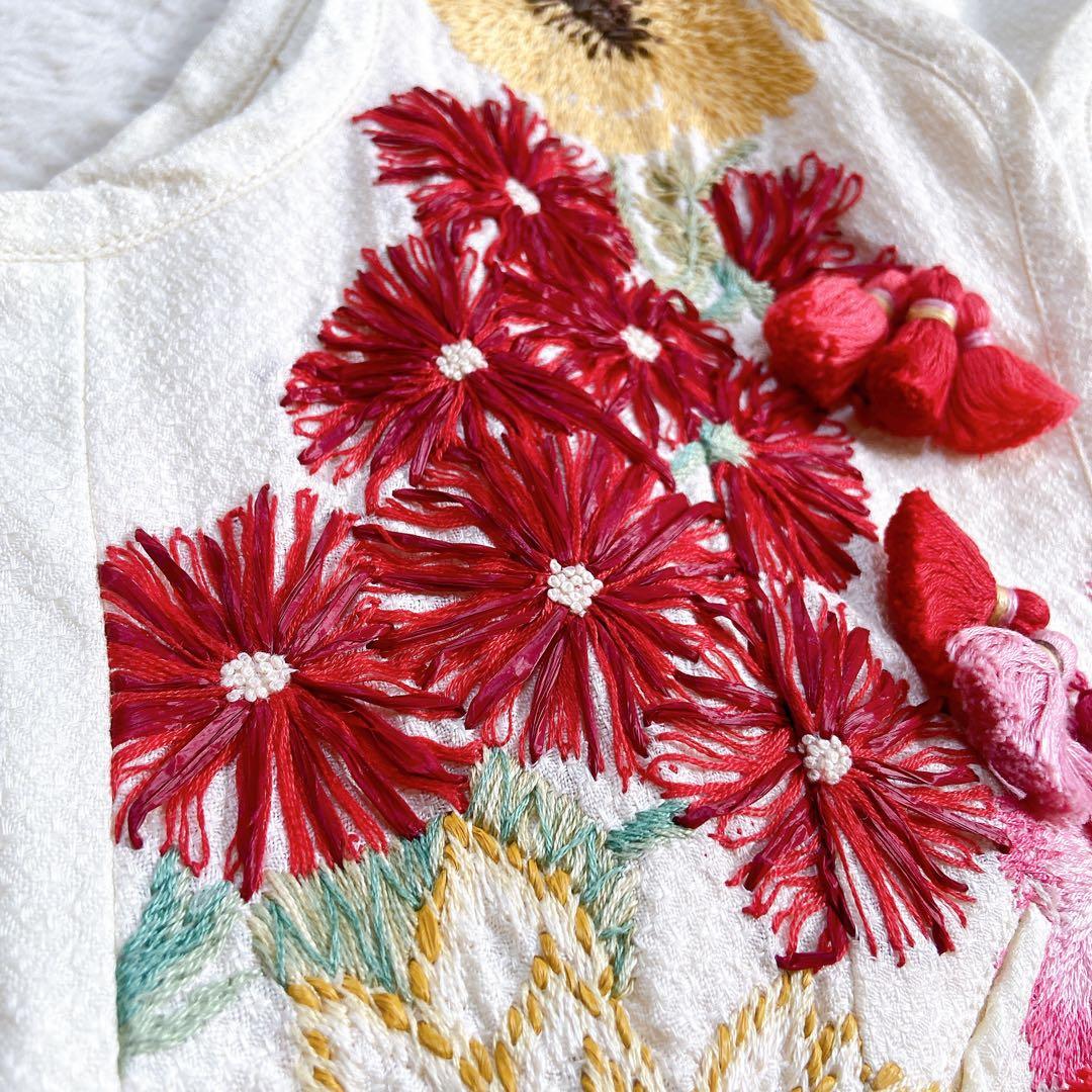 【希少】 ケイタマルヤマ リネン100% ベスト 刺繍 花柄 フリンジ