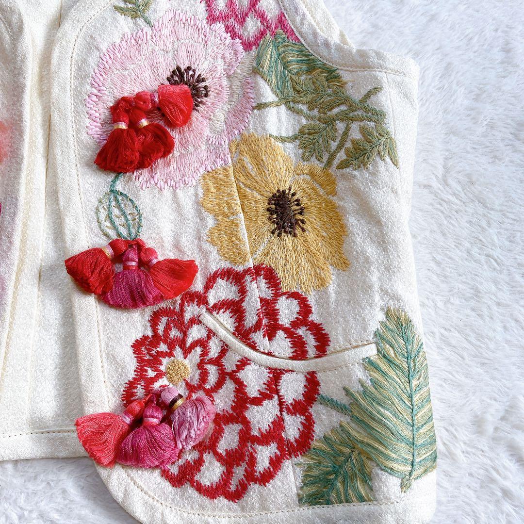 【希少】 ケイタマルヤマ リネン100% ベスト 刺繍 花柄 フリンジ