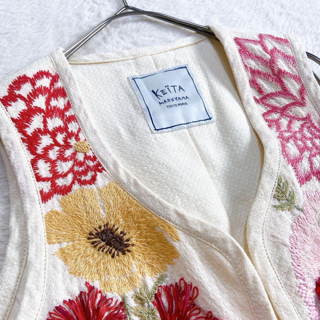 【希少】 ケイタマルヤマ リネン100% ベスト 刺繍 花柄 フリンジ