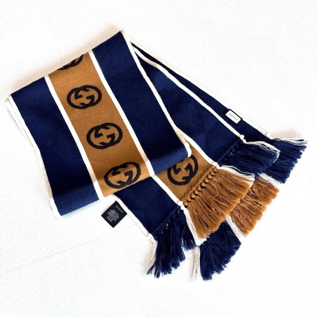 専用【美品/男女兼用】GUCCI　グッチ　フリンジ　マフラー　GGストライプ　紺