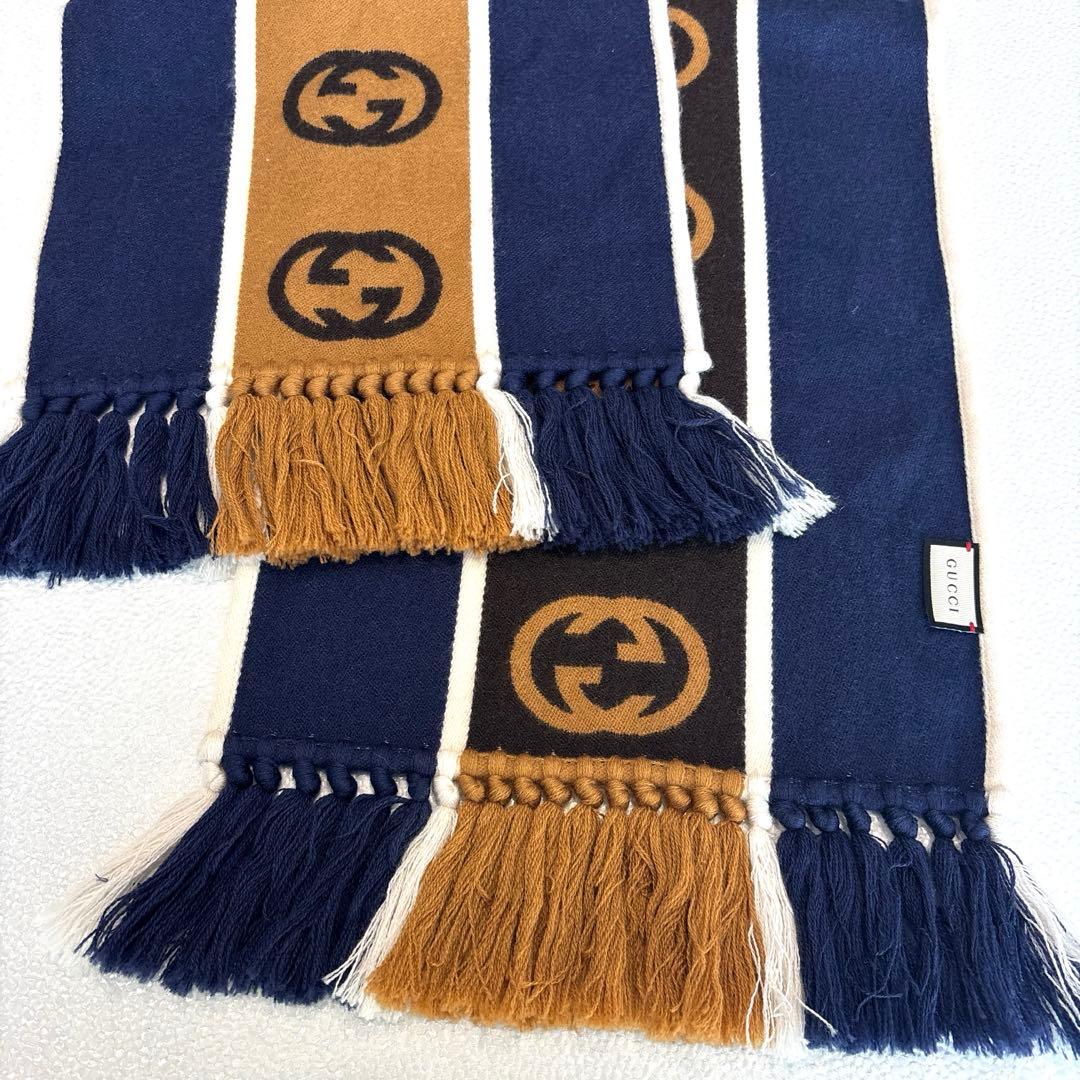 専用【美品/男女兼用】GUCCI　グッチ　フリンジ　マフラー　GGストライプ　紺