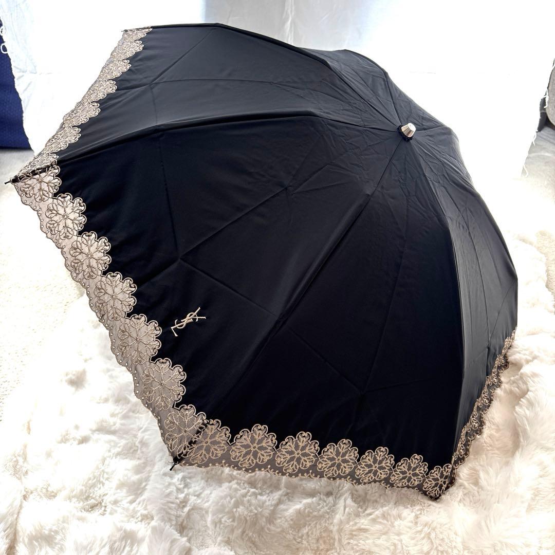新品未使用 タグ付 YVES SAINT LAUREN ロゴ 刺繍 折傘 日傘
